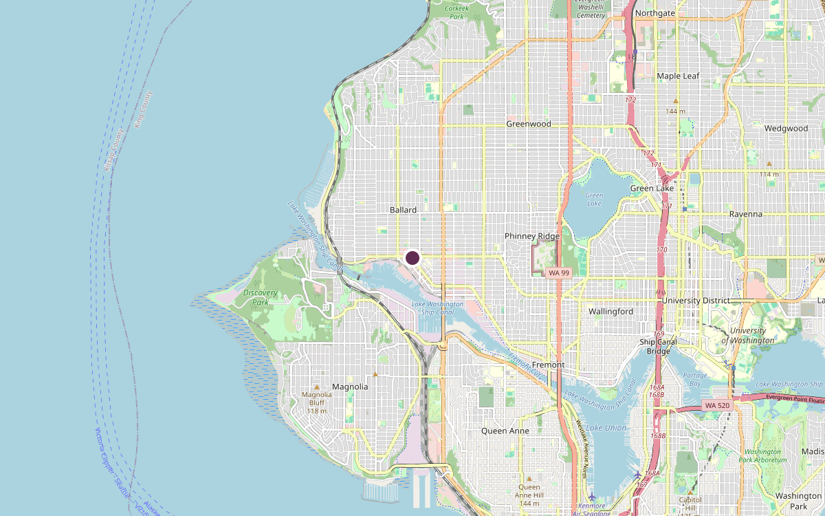 Map of our chimney service area in Ballard, King County, WA