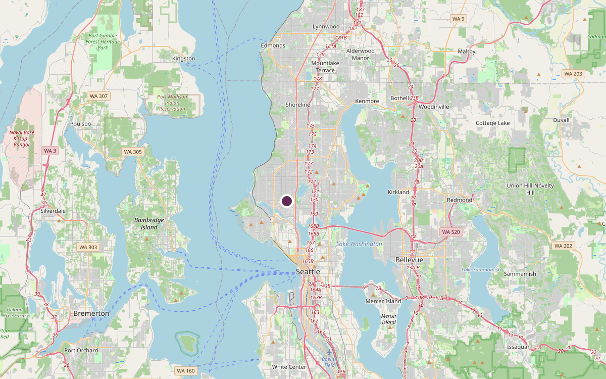 Chimney service area map of North Seattle, WA, showing Ballard, Phinney Ridge, Greenwood, Fremont, Wallingford, Green Lake, Ravenna, Wedgwood, Maple Leaf and Northgate
