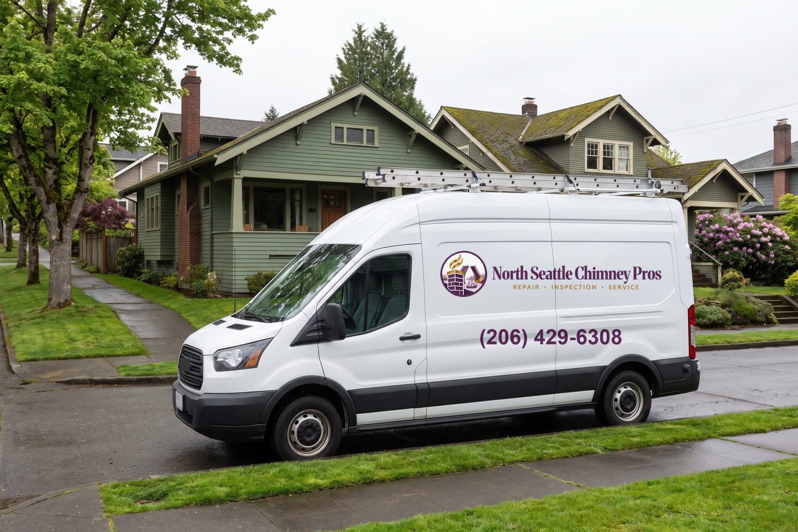 The North Seattle Chimney Pros service van parked in front of a North Seattle bungalow
