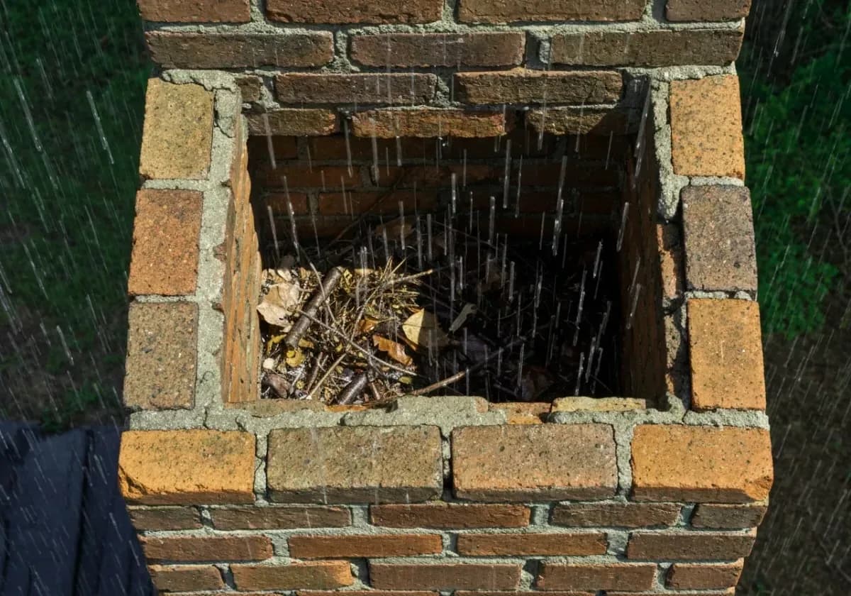Before — chimney cap installation: A bare, open flue finally given a stainless cap against the rain and the squirrels.