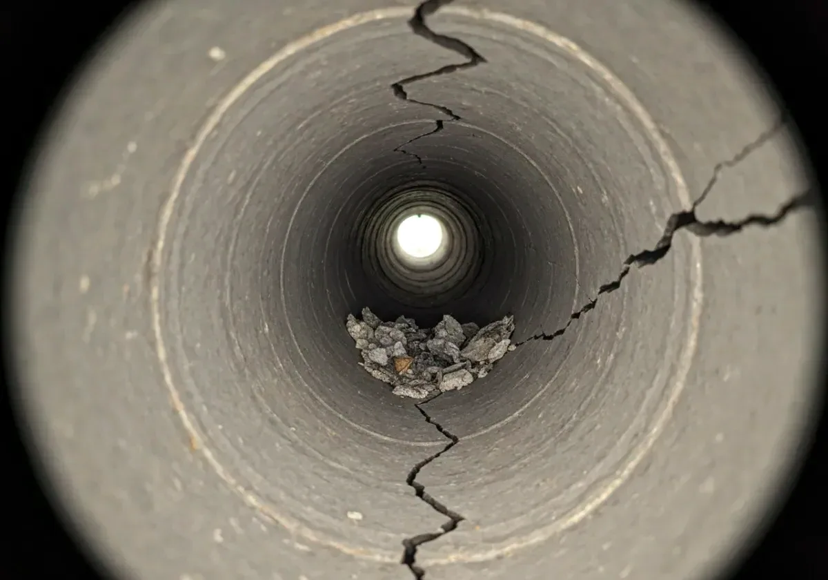 Before — chimney inspection: A camera run up the flue surfaces the damage no glance from the hearth could find.