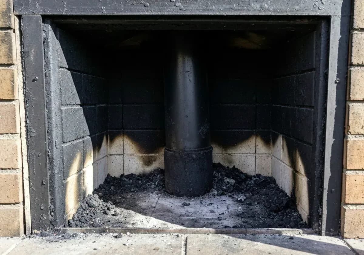 Before — chimney sweep: A season of soot brushed out of a century-old flue, back to bare original masonry.