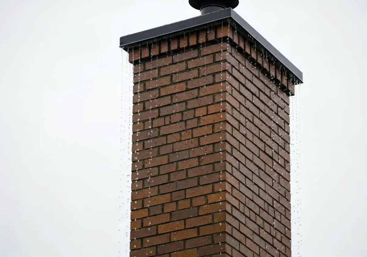 After — chimney waterproofing: Rain-darkened, porous brick sealed with a breathable repellent that lets it dry out.