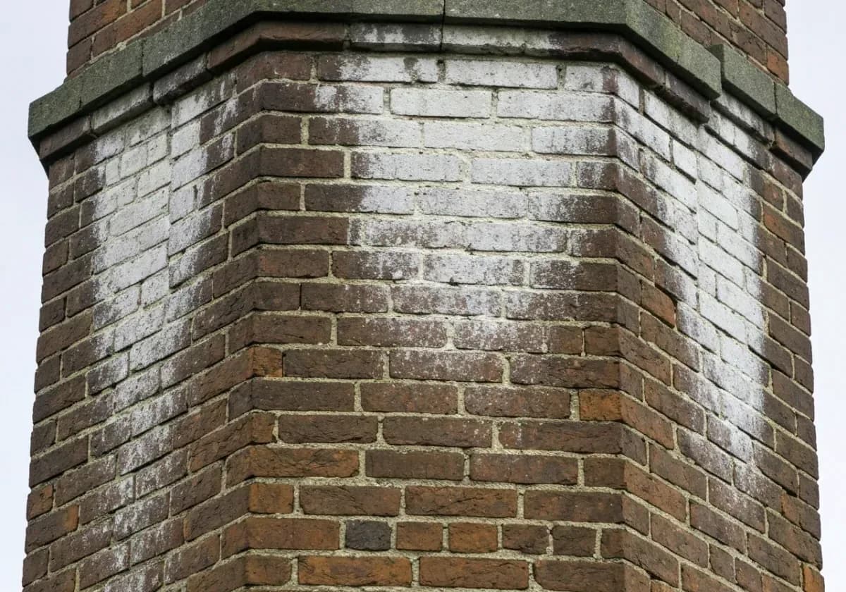 Before — chimney waterproofing: Rain-darkened, porous brick sealed with a breathable repellent that lets it dry out.