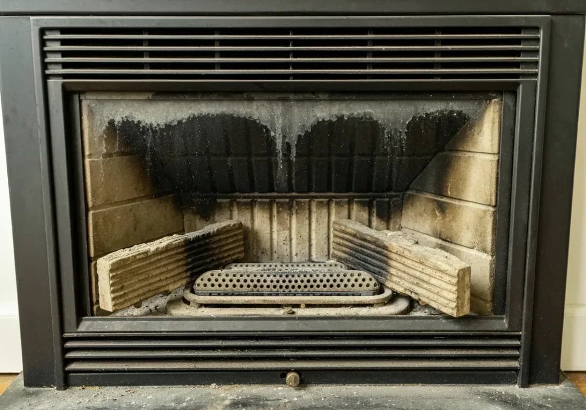 Before — gas fireplace service: A sooty, reluctant gas fireplace serviced back to a steady, even flame.