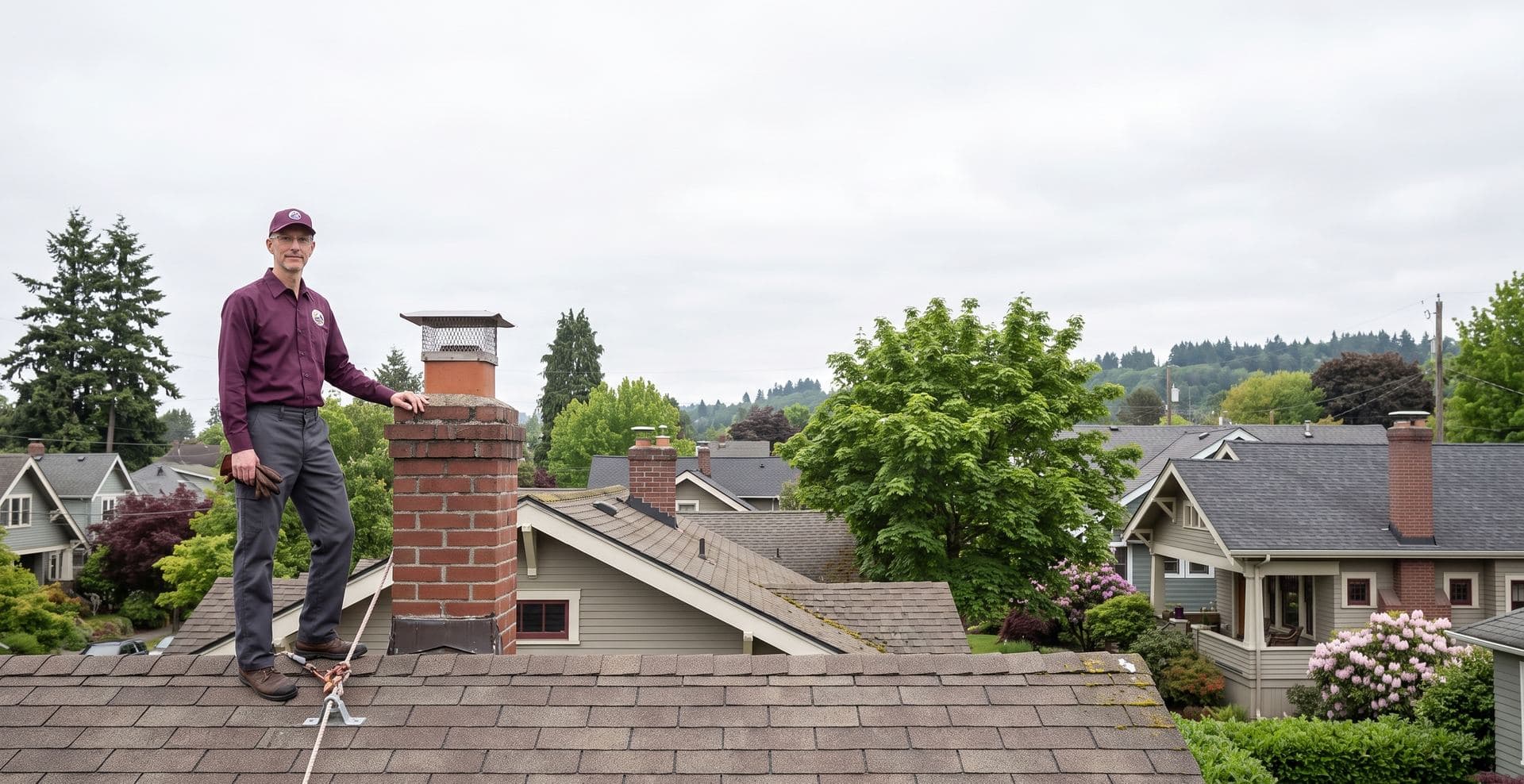 A North Seattle Chimney Pros technician beside a brick chimney on the roof of a North Seattle bungalow