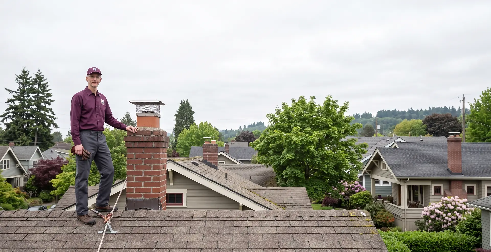 A North Seattle Chimney Pros technician beside a brick chimney on the roof of a North Seattle bungalow