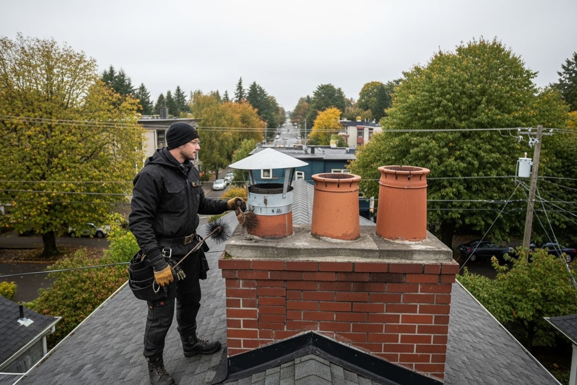 Chimney sweep technician inspecting a rooftop brick chimney on a North Seattle home