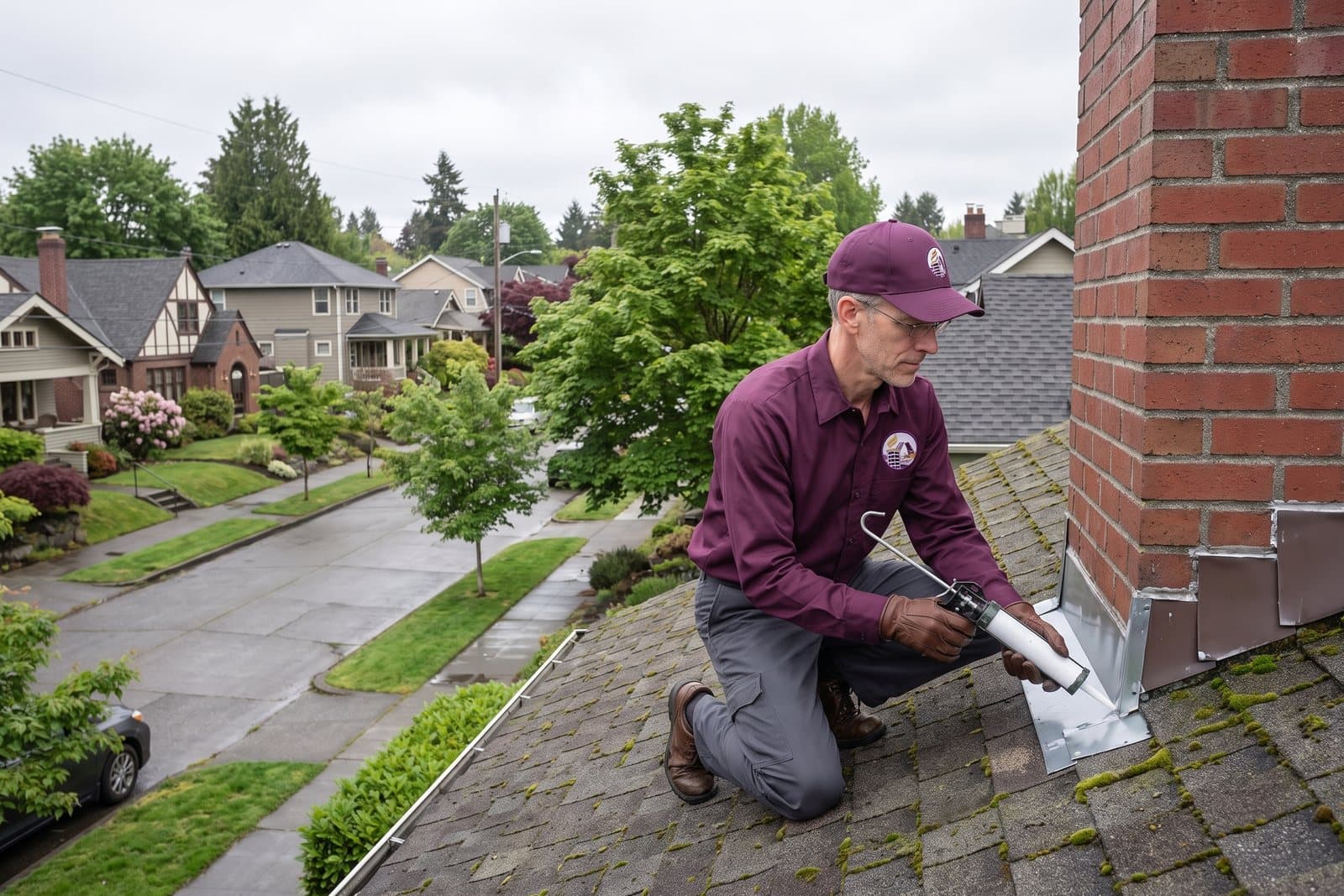 Chimney flashing repair at the roofline