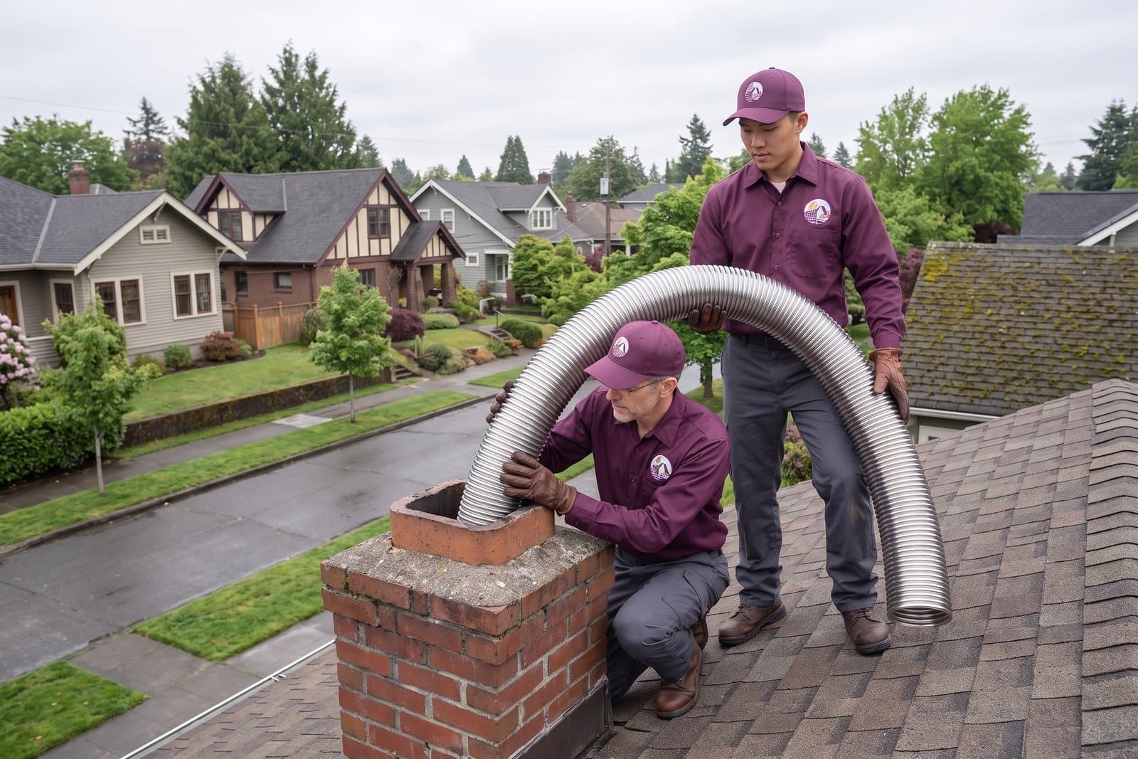 Stainless steel chimney liner being installed