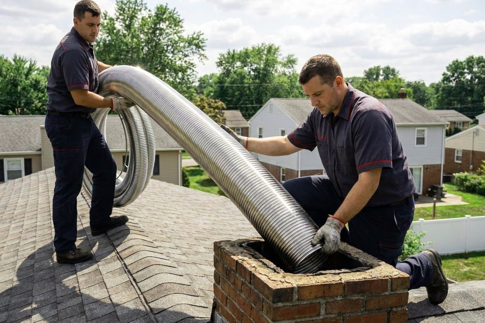 Chimney Relining in Washington — stainless steel chimney liner being installed