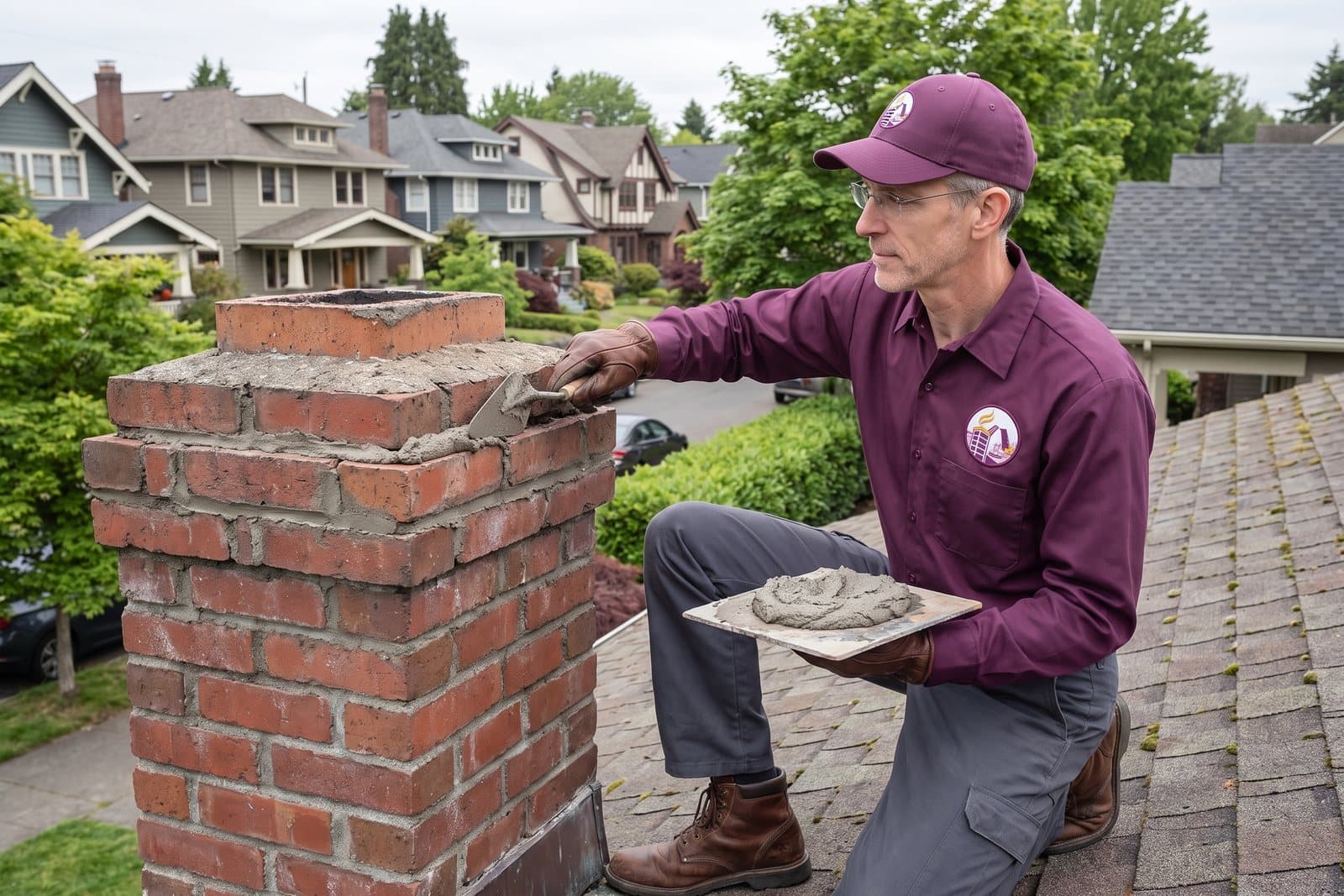 Masonry repair on a brick chimney