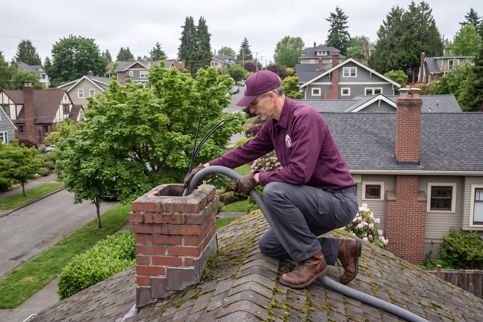 Chimney sweep cleaning a rooftop flue