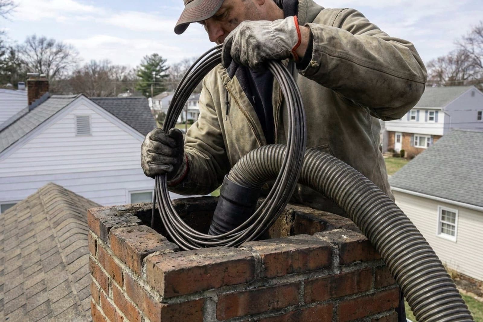 Chimney Sweep in Washington — chimney sweep cleaning a rooftop flue